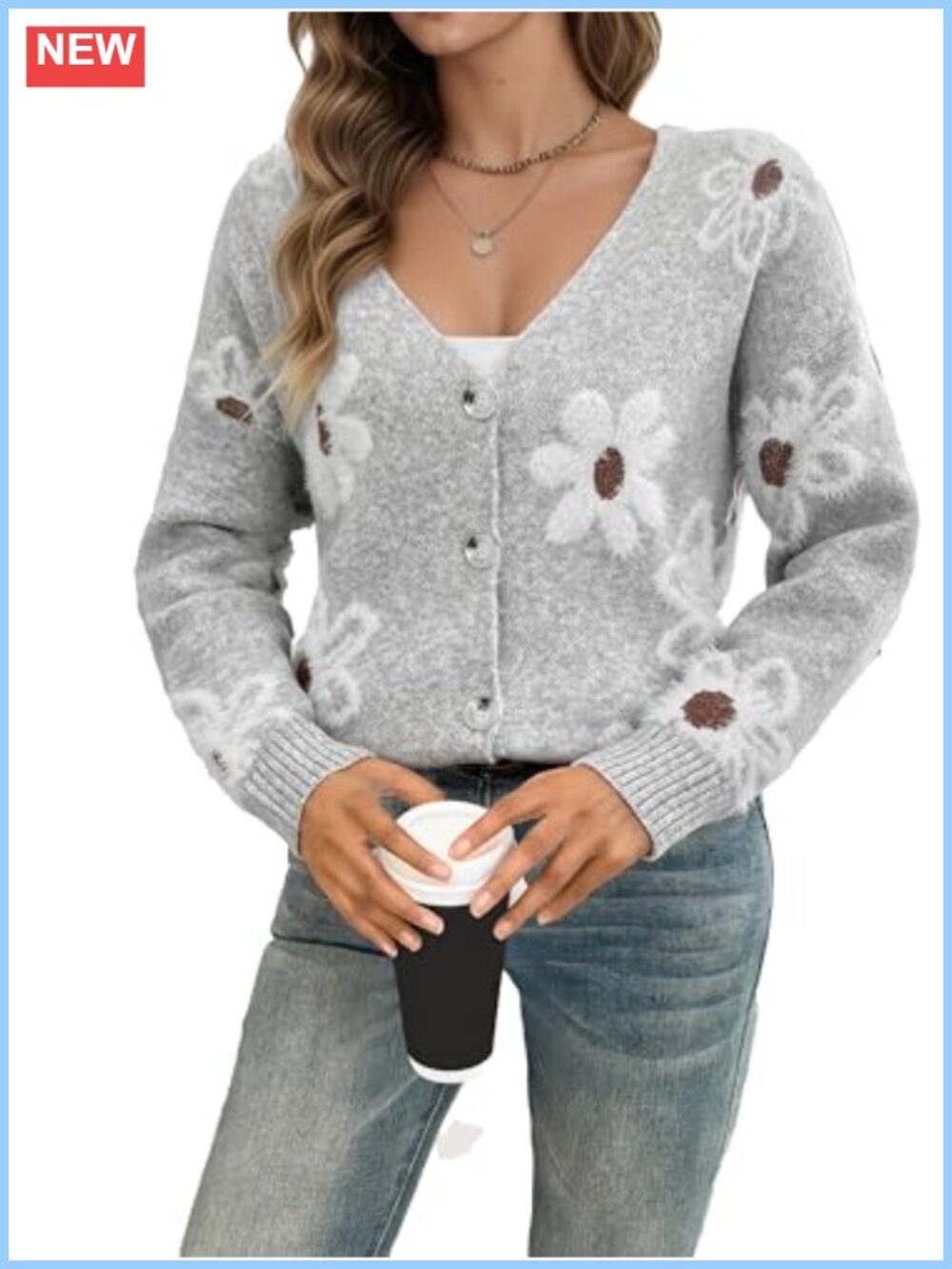 Floral Knit Button Down V-Neck Cardigan Sweater Long Sleeve